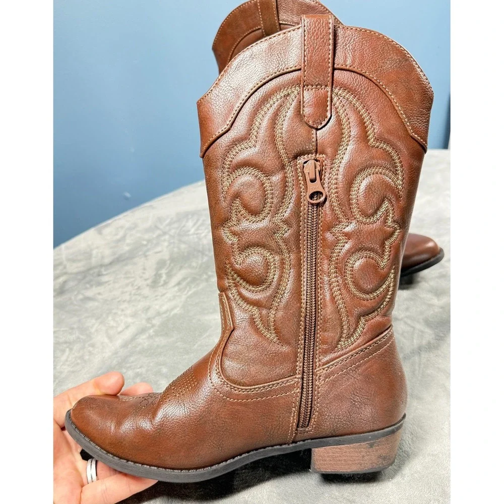Cat Jack Girls Cowboy Boots 5 Brown Embroidered Western Zip Up